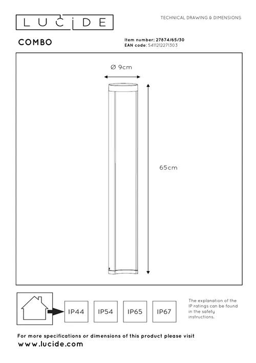 Lucide COMBO - Pollerleuchte - Ø 9 cm - LED - 1x9W 3000K - IP54 - Schwarz - technisch